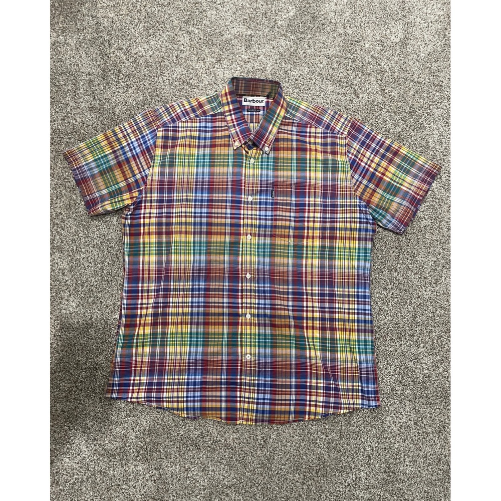 Barbour Mens Tailored Fit Plaid Short Sleeve Button Down Shirt Multicolor Large